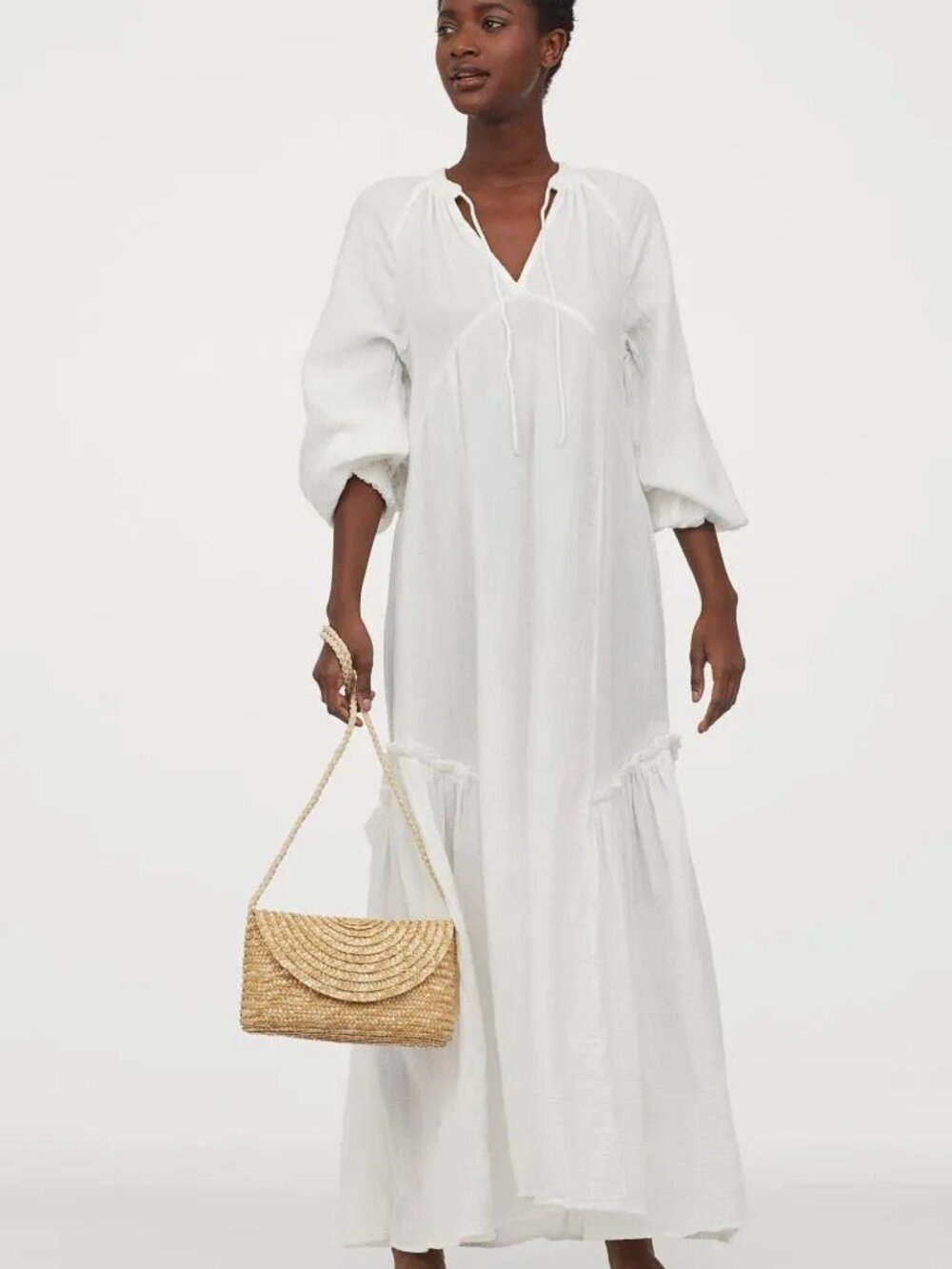 H&M Long Kaftan Dress Cotton Boho Dress White Size L - Picture 3 of 16